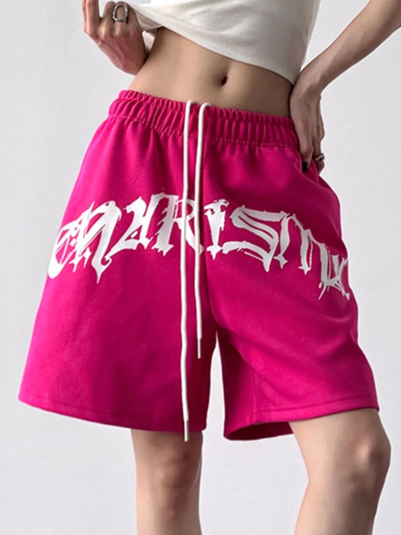 Oversized Drawstring Letter Shorts - Velora