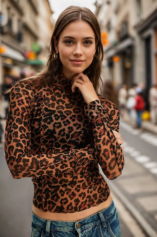 Oh Full Size Frill Printed Mock Neck Long Sleeve Top - Velora