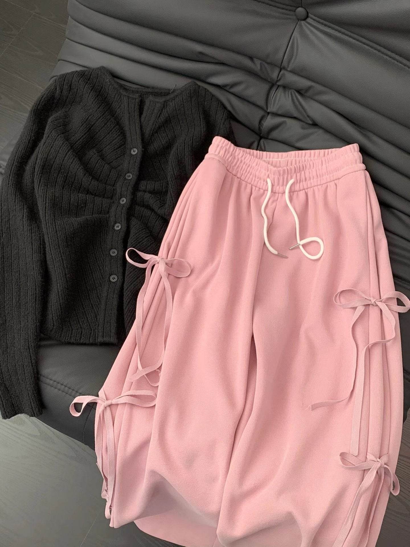 Fashion Vintage Bow lace up Drawstring Wide leg sweat pant for women - Velora