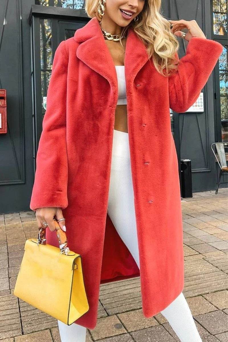 Women's Fashionable Elegant Lace-up Turn-down Collar Plush Long Coat - Velora