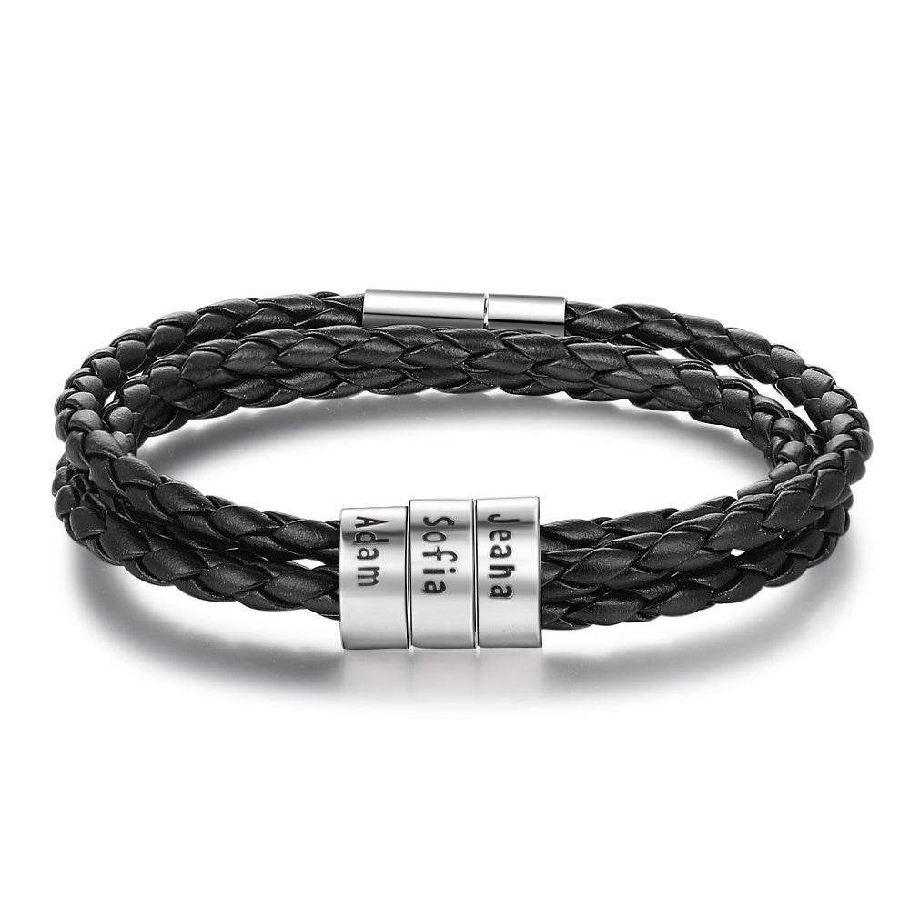 Personalized Mens Braided Genuine Leather Bracelet Stainless Steel Custom Beads Name Charm Bracelet For Men With Family Names - Velora