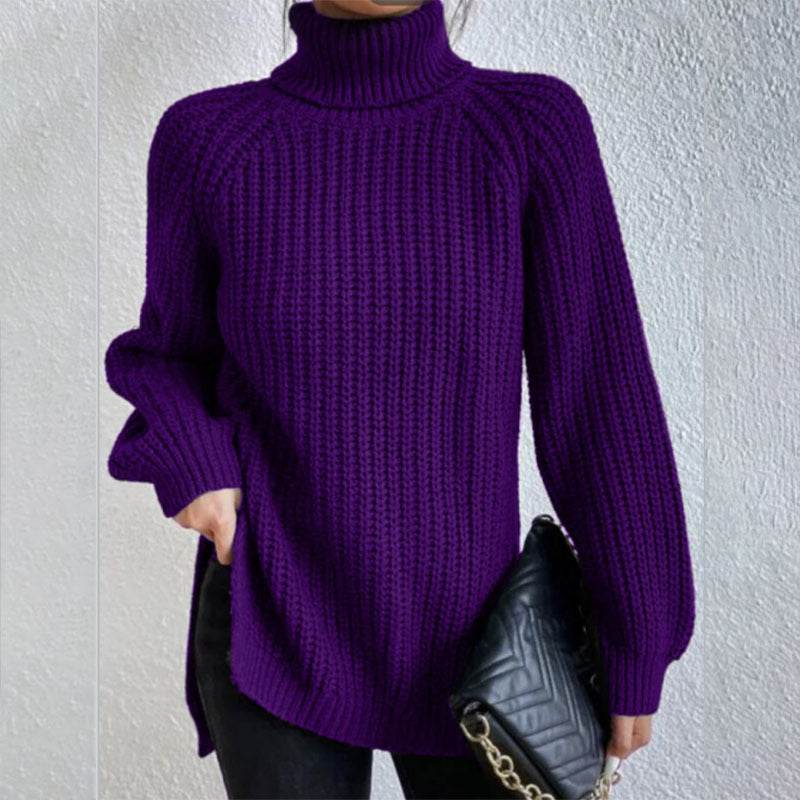 Turtleneck Pullover Sweater With Split Design Fashion Simple Solid Color Long Sleeve Tops Women's Clothing - Velora