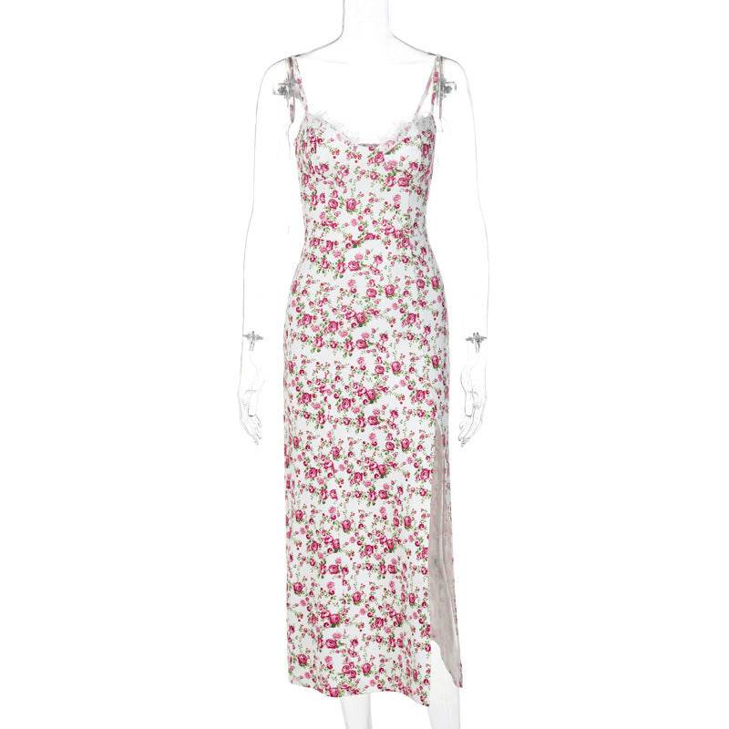 Lace Flowers Print Long Dress Sexy Fashion Slit Suspender Dress Summer Womens Clothing - Velora