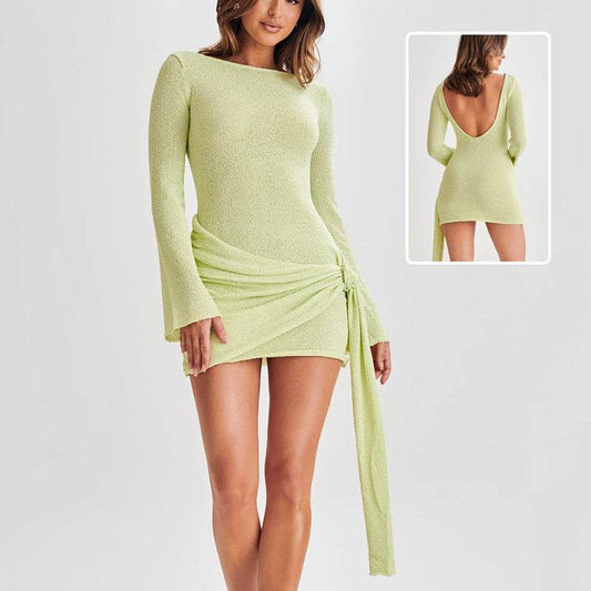 Fashion Slim Long-sleeved Dress Y2K Sexy Hip-hugging V-shaped Backless Short Dresses Womens Clothing - Velora