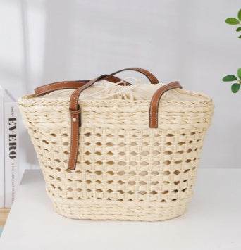 Large Capacity Fashion Urban Simple White Khaki Straw Braided shopper Beach Bag - Velora