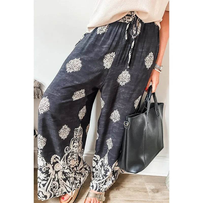 Casual Drawstring Spring Summer Wide Leg Linen Boho Pant women - Velora
