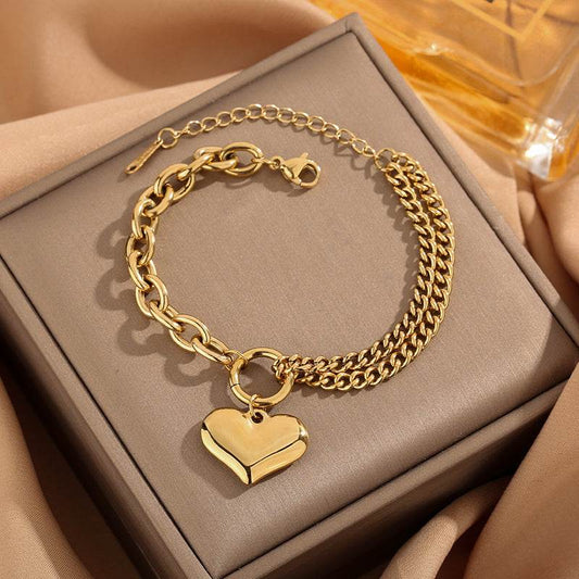 Hip Hop Thick Straps Double-layer Peach Heart Stainless Steel Bracelet - Velora