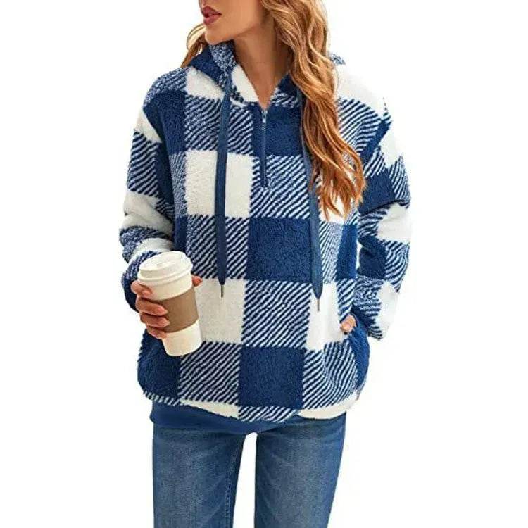 Casual Thick Fleece Plush half zip Plaid Hoodie Pullover top for women - Velora