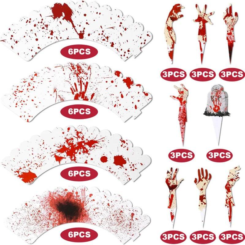 48Pcs Halloween Cupcake Toppers Wrappers Rip Kit Bloody Zombie Hand Cupcake Pick Decorations For Halloween Horror Movie Bloody Theme Birthday Party Cake Decorations Supplies - Velora