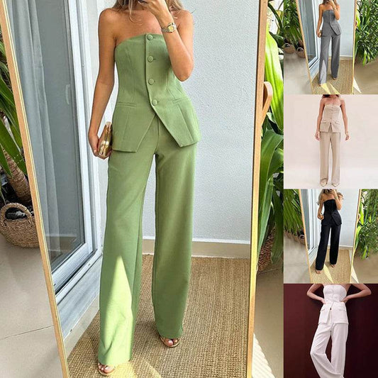 Graceful Tube Top Suit Fashion Button Sleeveless Top And Straight Pants Women's Trousers Set - Velora