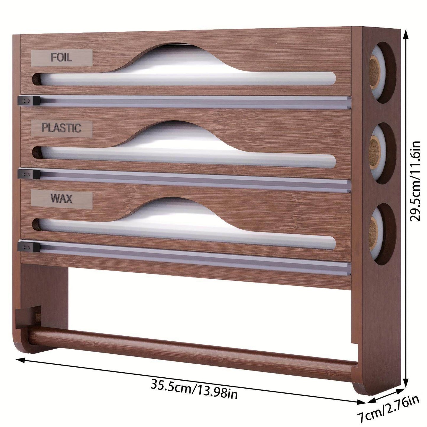 3 grid Bamboo Wood Wall Mounted Food Wrap Dispenser - Velora