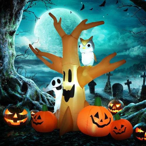 HOMCOM 7.5 Tall Lighted Halloween Inflatables Outdoor Decorations Haunted Tree With Owl, Ghost, Pumpkins, Blow Up LED Yard Decor For Garden, Lawn, Party, Holiday, Waterproof - Velora