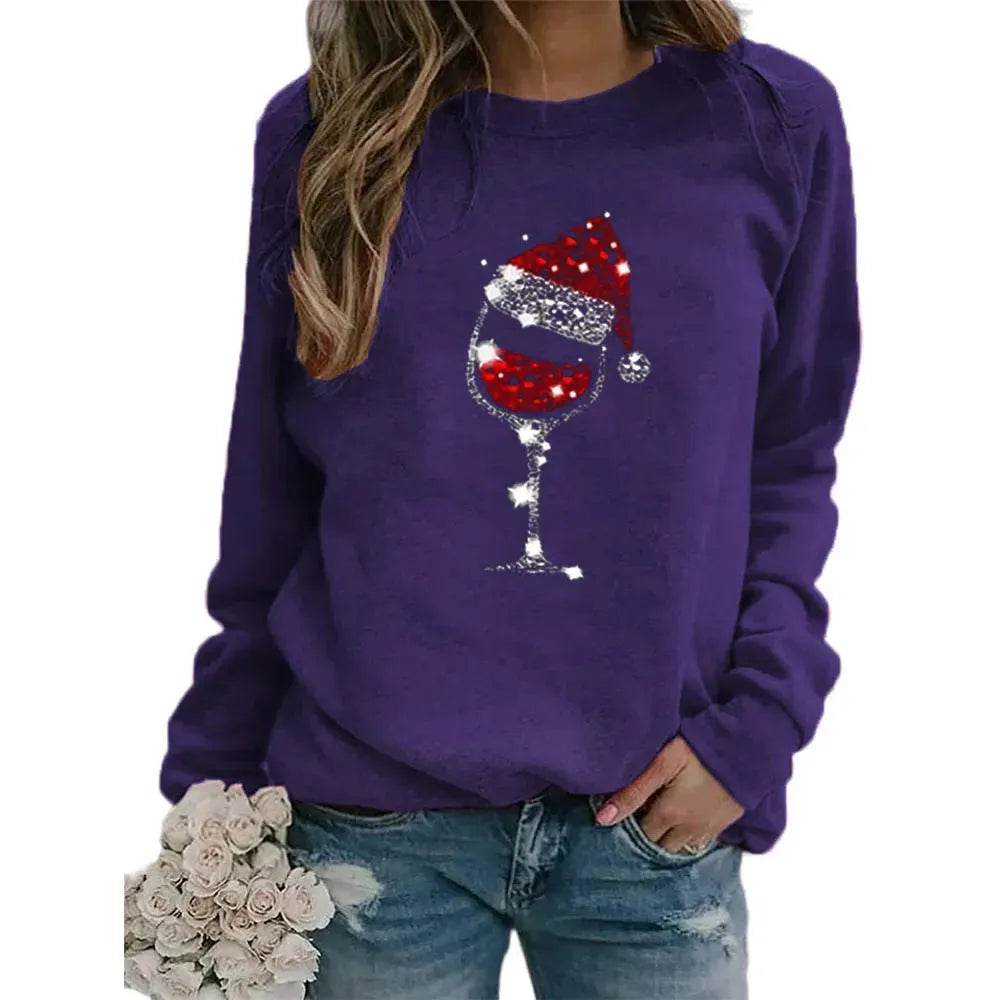 Clothing Christmas Women's Sweater Christmas Hat Red Wine Glass Graphic Print Crew Neck Long-sleeved Sweater - Velora
