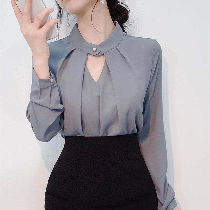 White Chiffon Blouse top Long Sleeves Office Blouses For Women - Velora