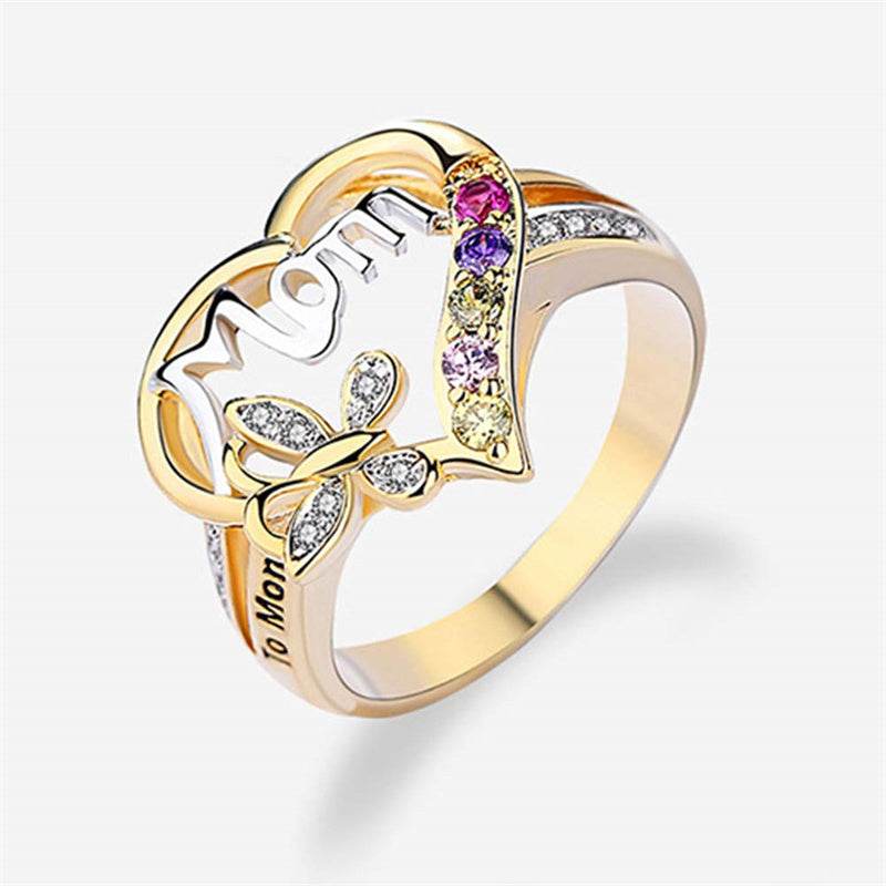 Mother's Day Gift Hollow Heart English Letter Love Mom Rhinestone Butterfly Finger Ring Jewelry Gift - Velora