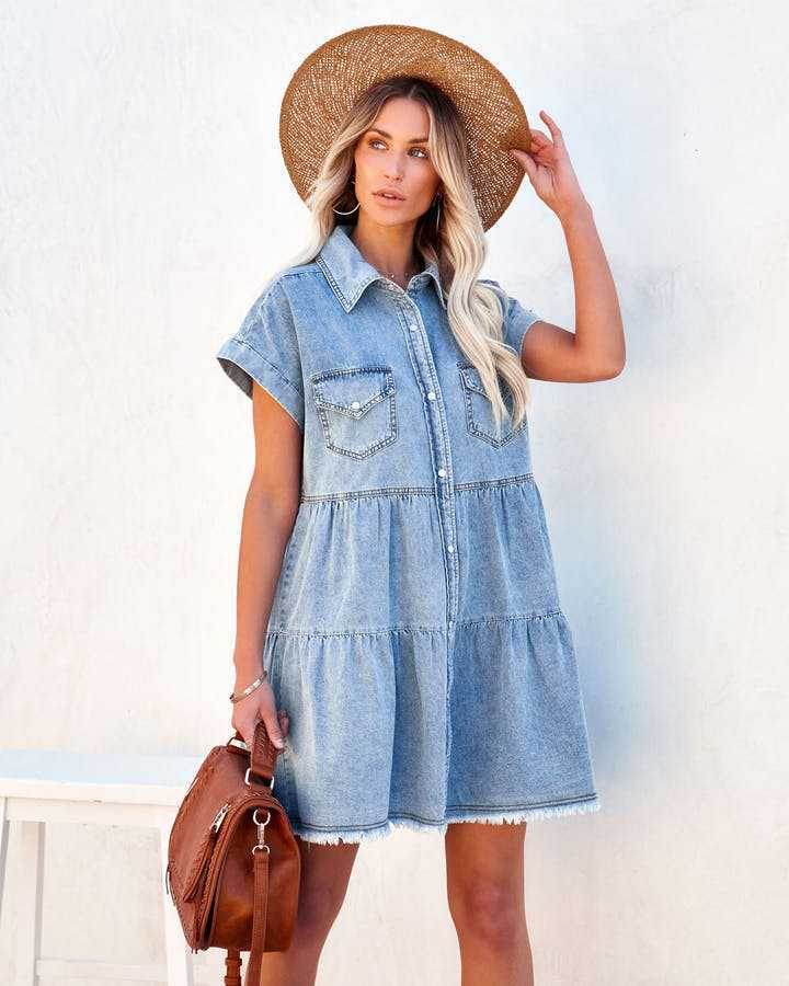 Casual Fashion Denim Short Sleeve loose mini Dress - Velora