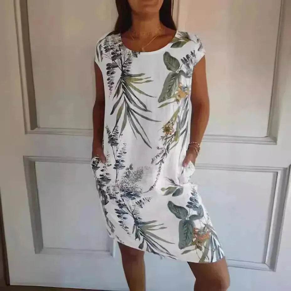 Casual Floral Printed Straight Dress Summer Loose Round Neck Short Sleeve Midi Dresses Womens Clothing - Velora