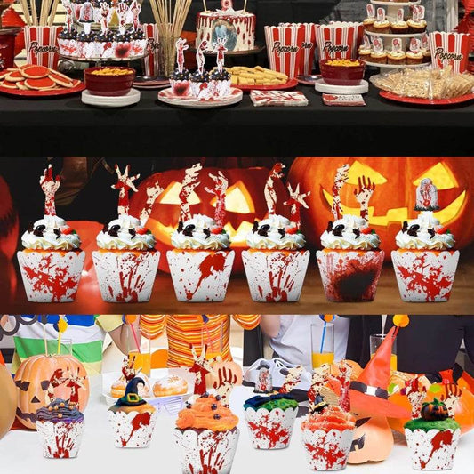 48Pcs Halloween Cupcake Toppers Wrappers Rip Kit Bloody Zombie Hand Cupcake Pick Decorations For Halloween Horror Movie Bloody Theme Birthday Party Cake Decorations Supplies - Velora