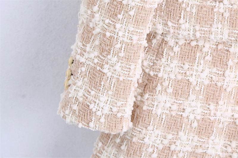 Elegant Luxury Lapel Long Sleeved Double Breasted Check tweed Blazer Women - Velora