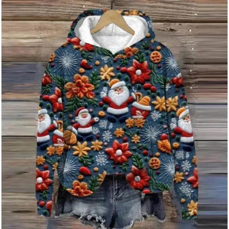 Print Christmas Holiday Casual Hoodie Sweater Pullover - Velora