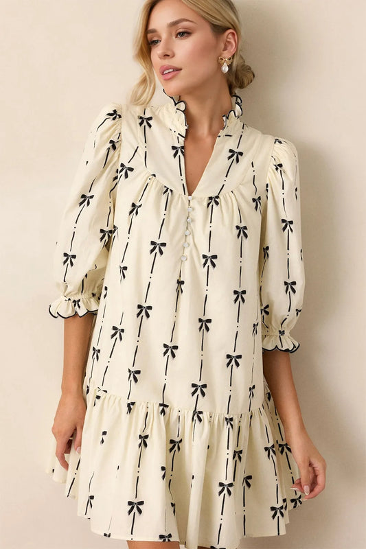 Oh Full Size Frill Bow Print Half Sleeve Mini Dress - Velora