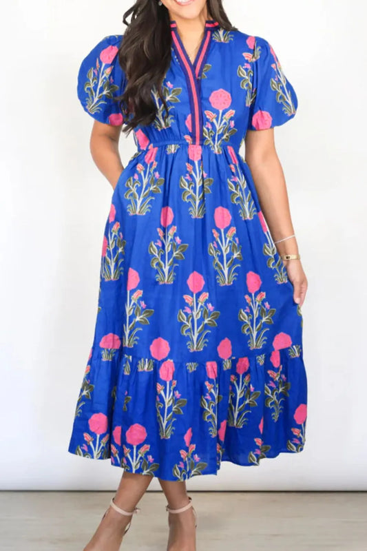 Floral Puff Short Sleeve Notched High Waist Dress - Velora