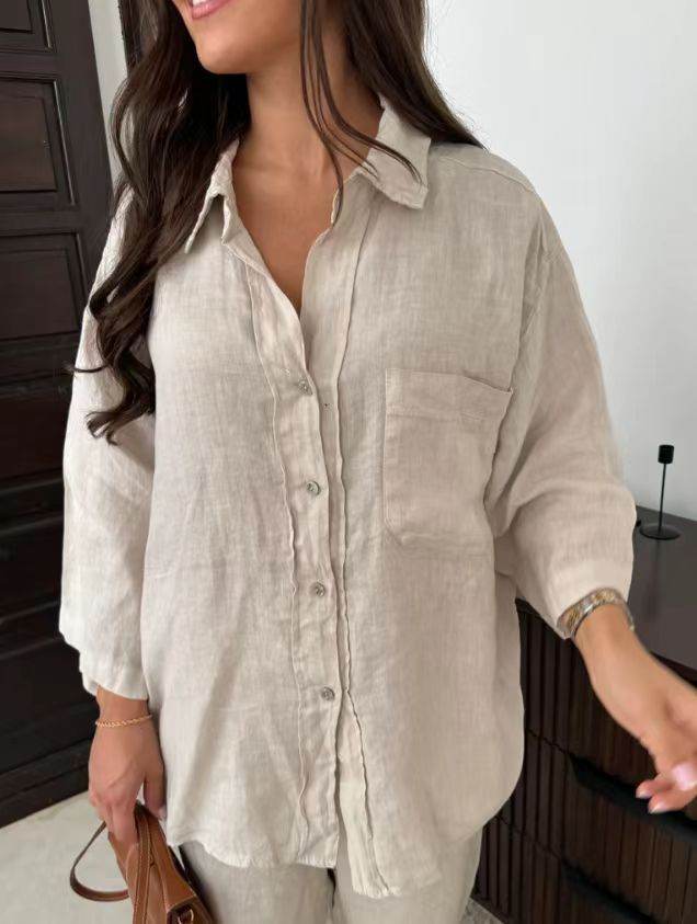 Casual Polyester Pocket Shirt Pants Suitable For Women's Wide Leg Pants, Long Sleeved Shirt Set, Women's Loose High Street Two-piece Set - Velora