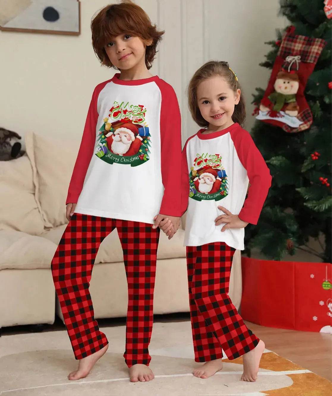 Christmas Parent-Child Clothes Set Long Sleeve T-Shirt Plaid Pants Family Matching Pajamas - Velora