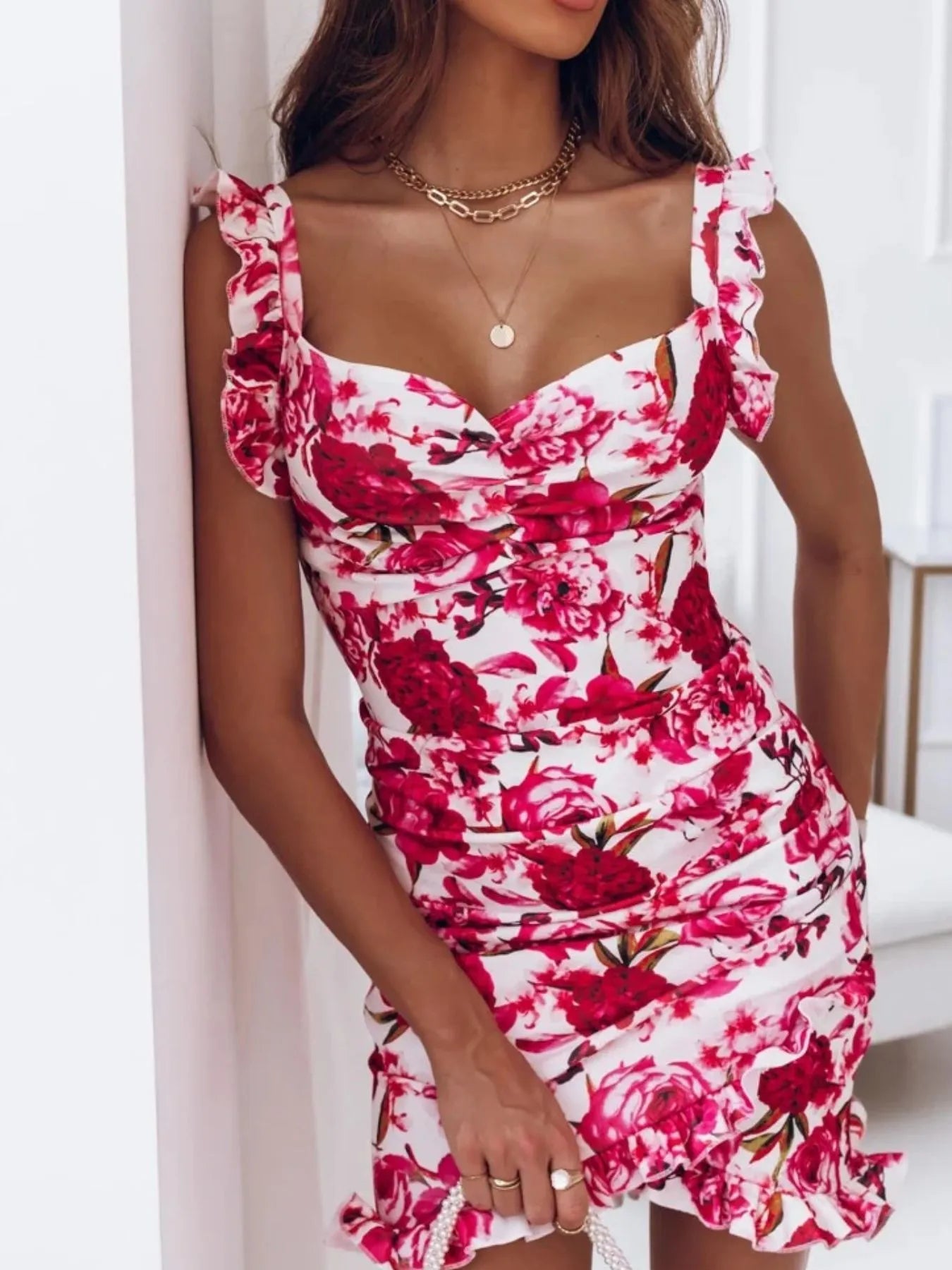 Floral Ruffle Strap Sweetheart Neck Mini Dress - Velora