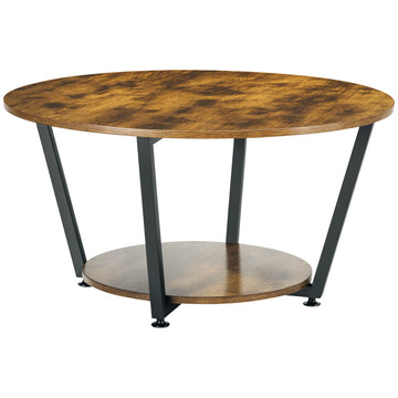 2-Tier Round Coffee Table with Storage Shelf, Industrial Center Table with Steel Frame for Living Room, Rustic Brown (Canada Delivery Only)