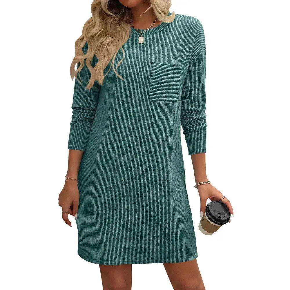Casual New Solid Color Striped With Pockets Long Sleeve Loose Mini Dress Fashion Round Neck Straight Dress Women's Clothing - Velora