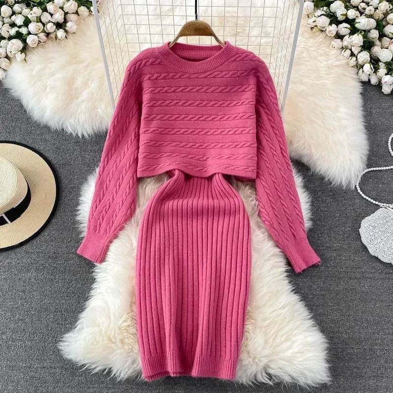 Autumn Winter Sassy Woolen Knitted Two Piece Midi Sweater Dress Outfit set - Velora