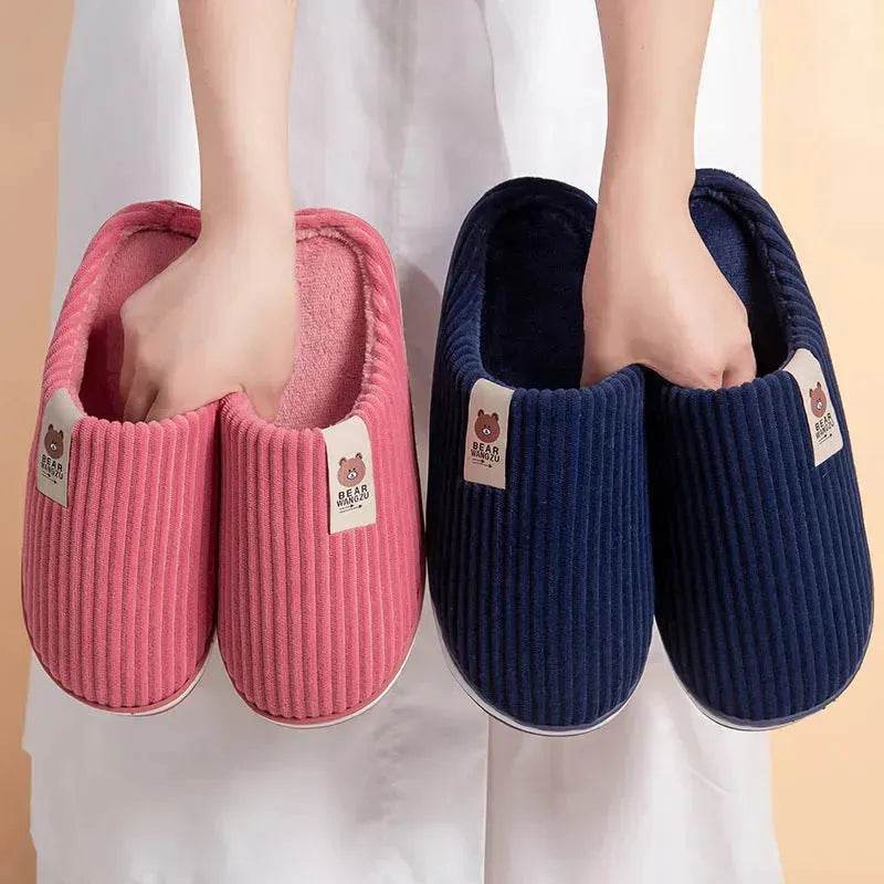 Solid Color Striped Slippers For Women Thick-soled Anti-slip Indoor Warm Plush Home Shoes Couple Women Men Slipper Winter - Velora