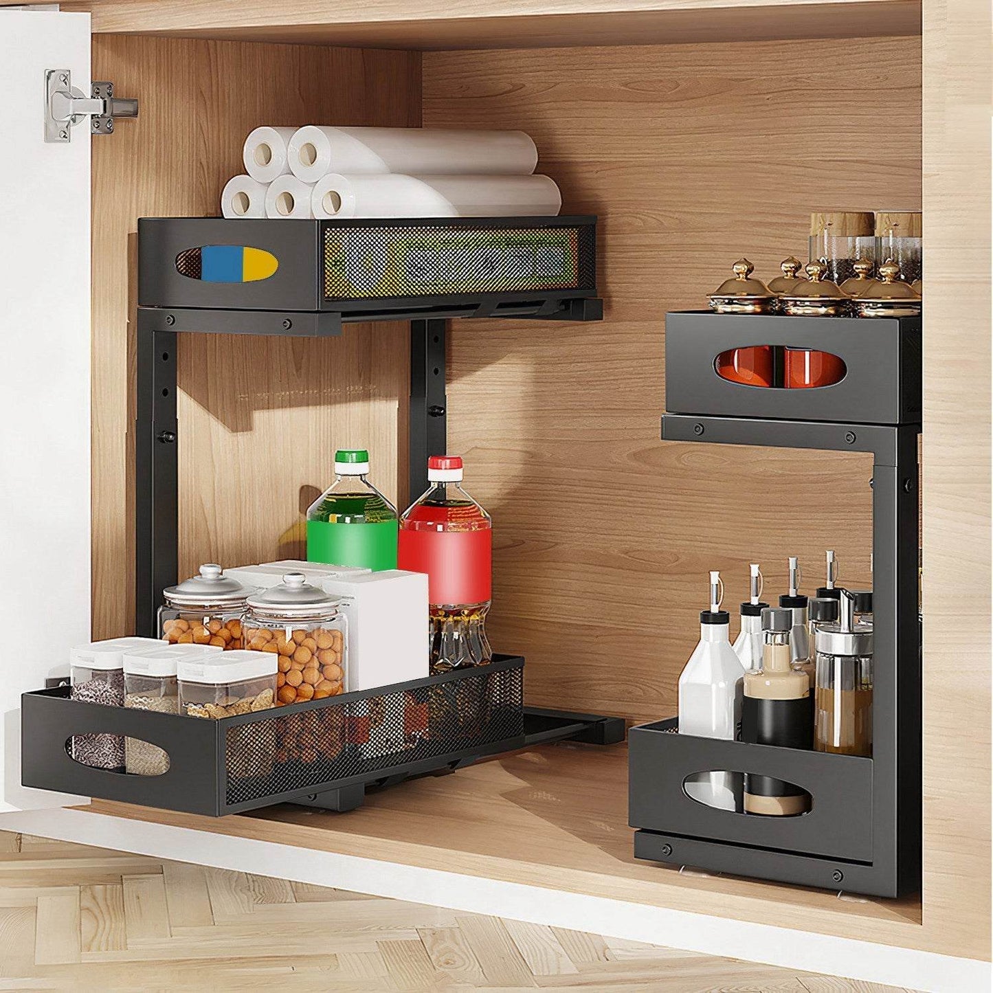 2Pcs Under Sink Organizer 2 Tier Pull Out Cabinet Baskets Storage Shelf Sliding Storage Drawers Rack With 5 Adjustable Height Mesh Baskets For Home Kitchen Bathroom Office - Velora