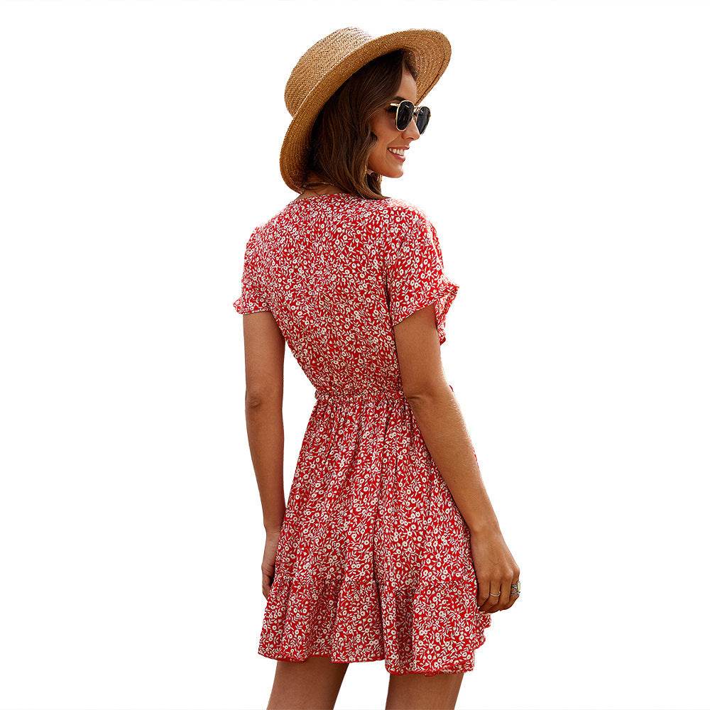 Casual Deep V-neck Short Sleeve Tie belt Floral Summer Mini Dress - Velora