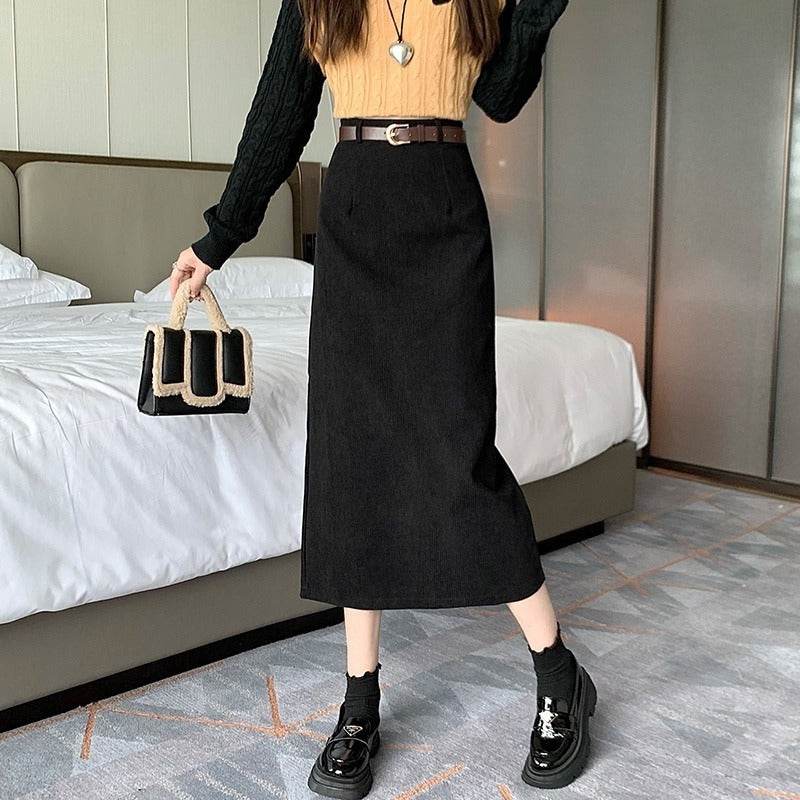 French-style Back slit High waist Midi Corduroy pencil Skirt for women - Velora