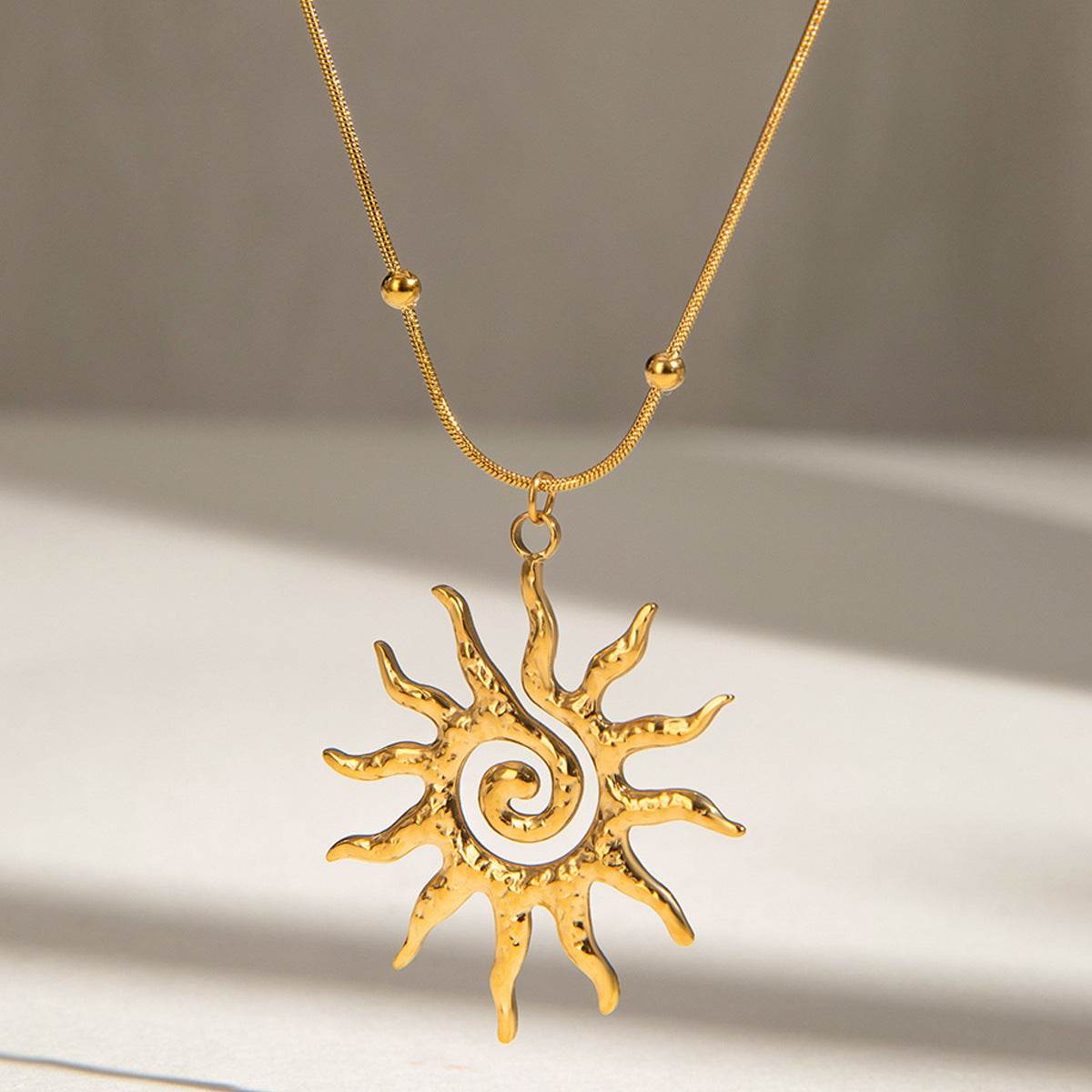 Stainless Steel Necklace - Hammered Spiral Sun Pendant Necklace - Velora