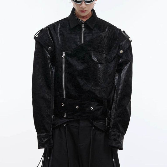 Padded Shoulder PU Leather Coat Deconstruction Design Sense - Velora