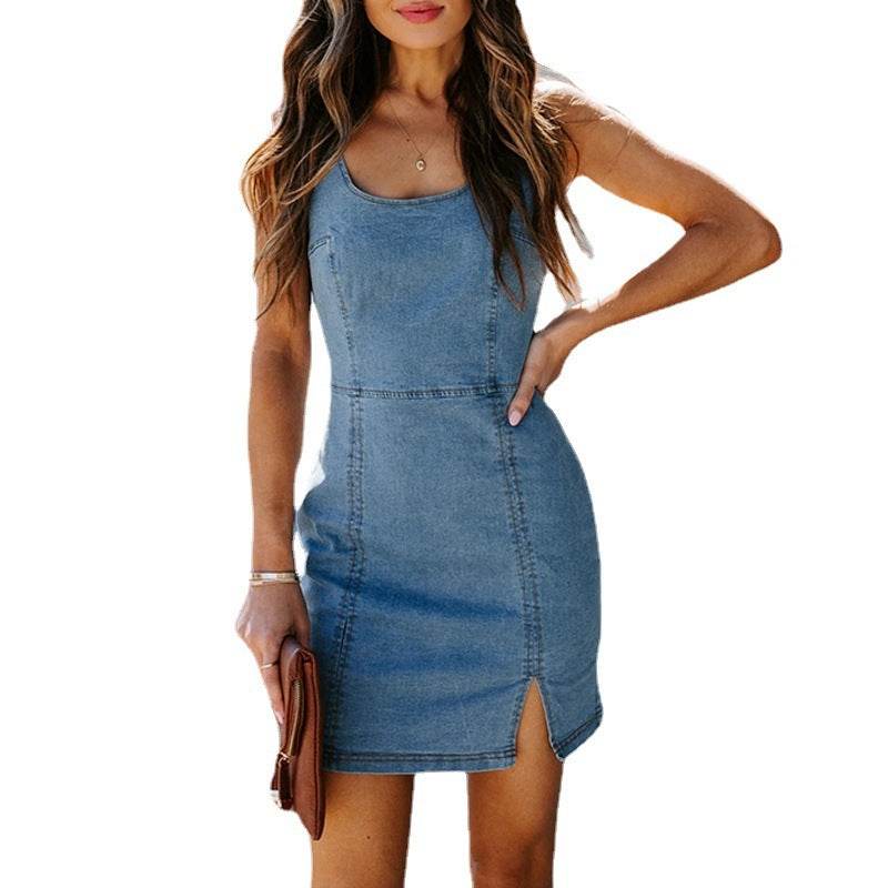 Women's hot sleeveless Jeans Denim Mini fitted Dress Women's Tight Back side split - Velora