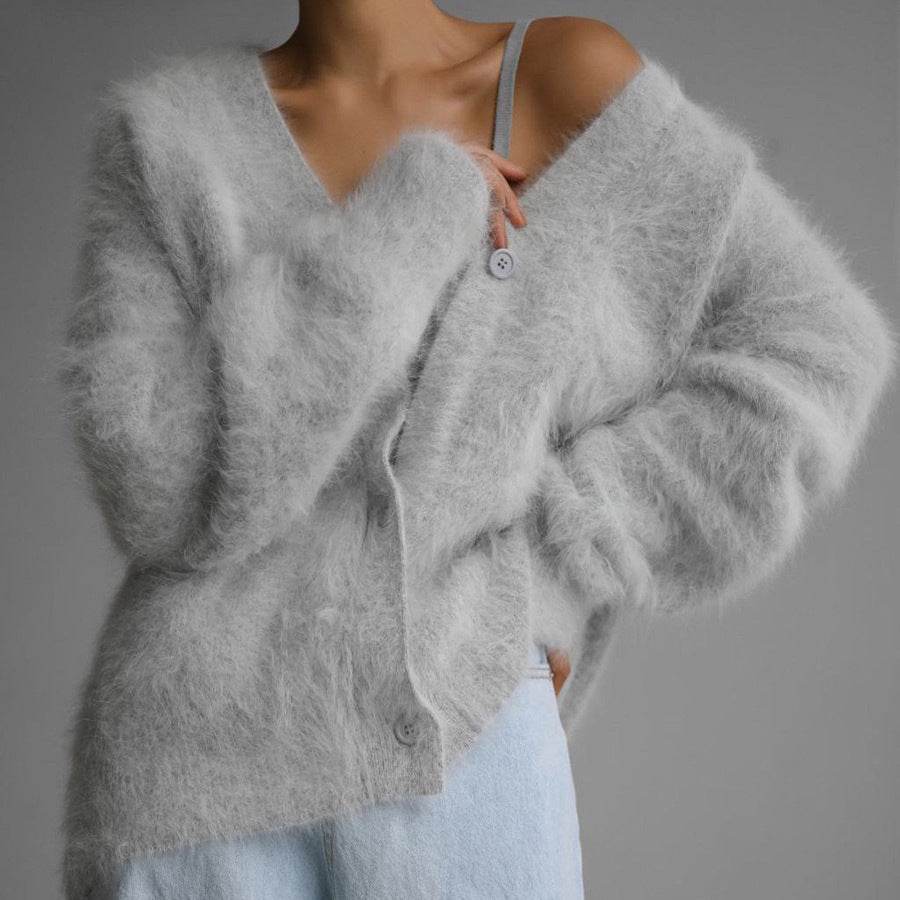 Loose V-neck Button Cardigan Fall Winter Fashion Single Breasted Knitted Sweater Top Women's Clothing - Velora