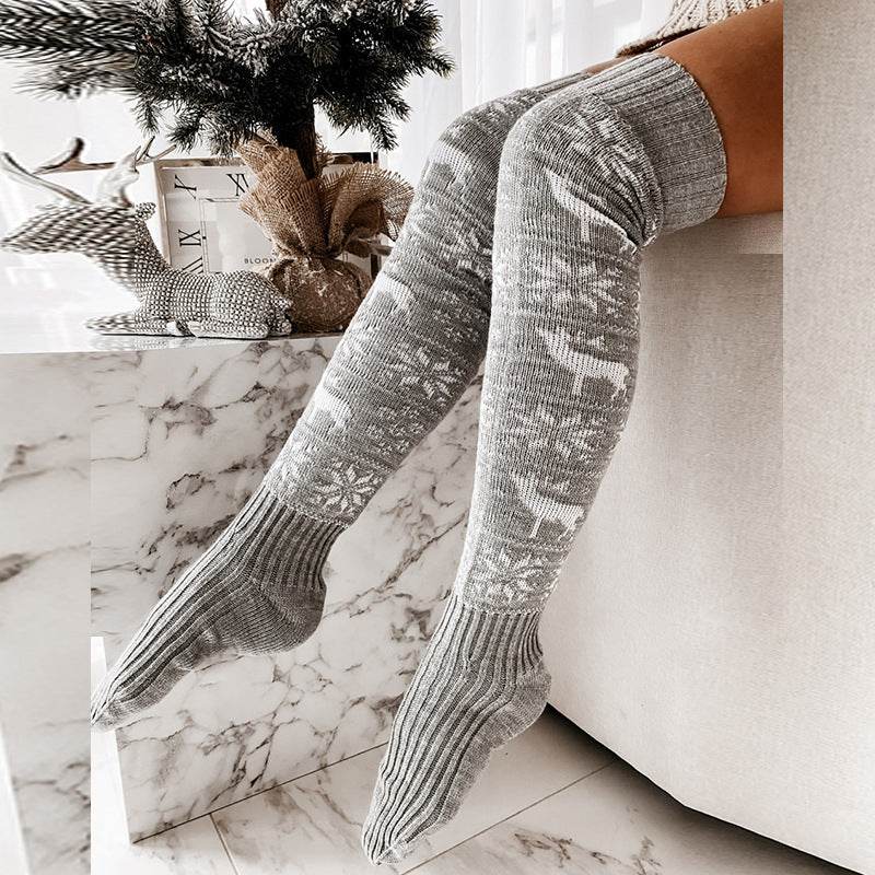 Winter Christmas Warm Knitted Women Stocking Beautiful Elk Snowflake Jacquard Over-the-knee Casual Long Socks For Ladies Gifts Free Size - Velora