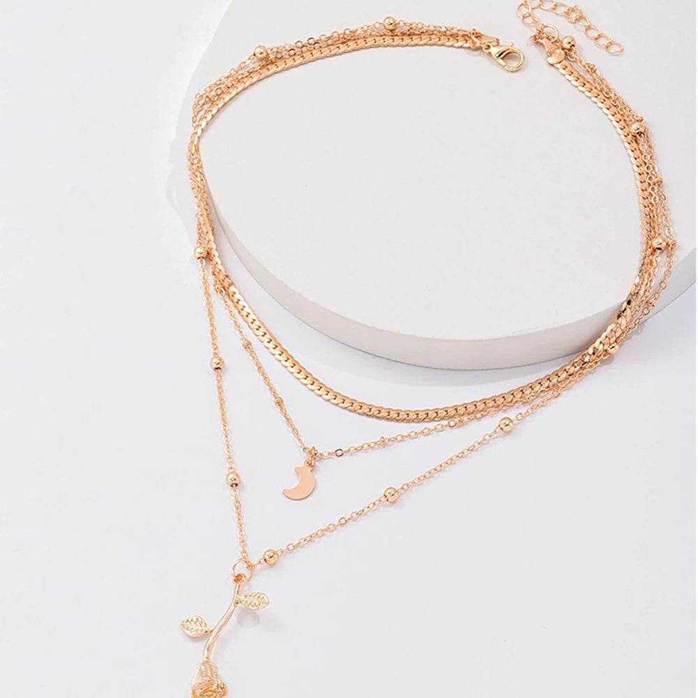 Bohemia Multilayer Moon Gold Color Pendant Necklaces For Women Rose Flower Choker Necklace 2025 Fashion Jewelry Party Gift Valentine's Day Gifts - Velora
