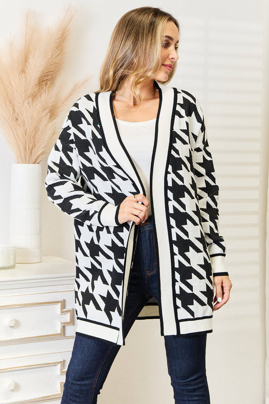Mandy Woven Right Houndstooth Open Front Longline Cardigan - Velora