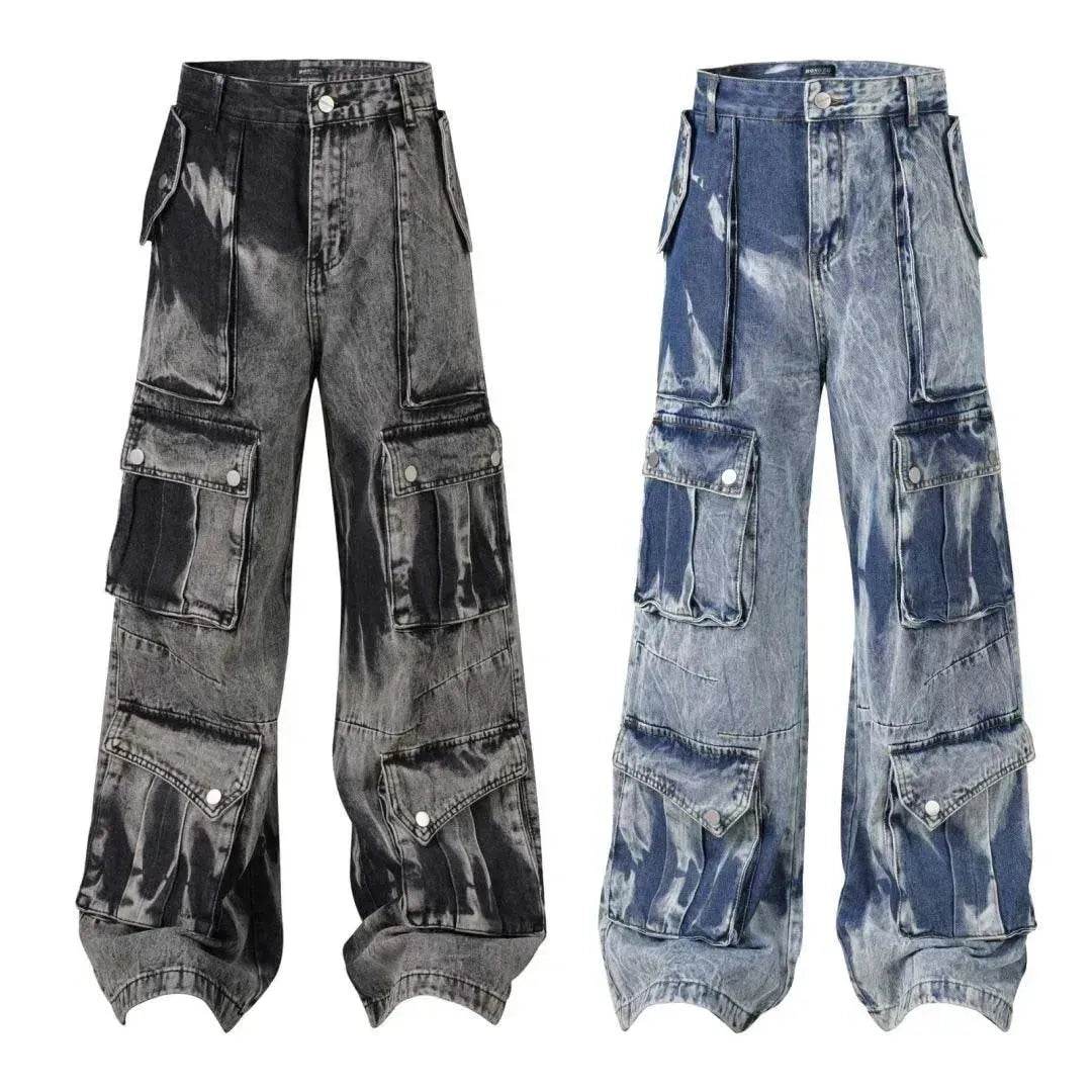 Street Retro Washed Distressed Tie-dye Multi-pocket Denim Trouser Unisex Baggy Cargo Denim Jeans Pants - Velora