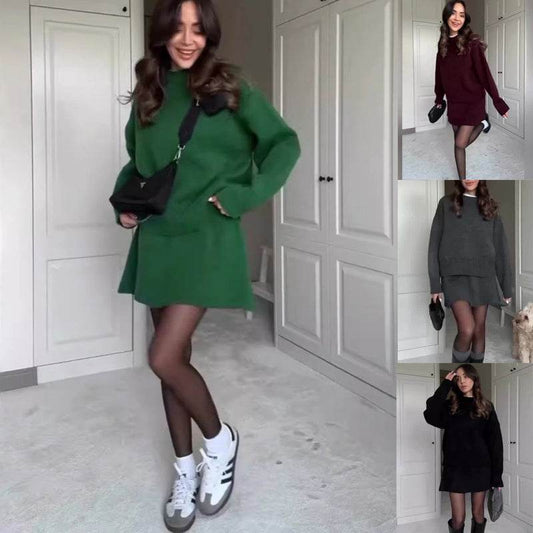 Sweater Skirt Sets For Women 2 Pieces Knit Casual Versatile Long Sleeve Pullover Elegant Solid High Waist Mini Skirt Outfit - Velora