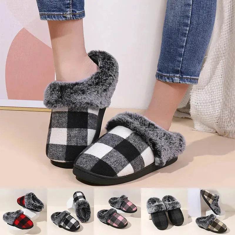 Winter Warm Plaid Plush Slippers Home Indoor Non-slip Bedroom Floor Soft Fuzzy Slipper For Couple Fashion Solid House Shoes - Velora