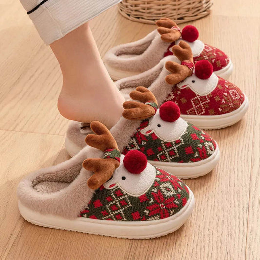 Cute Christmas Elk Plush Slippers Winter Ins Fashion Non-slip Floor Bedroom Home Slippers For Women Fuzzy House Shoes - Velora