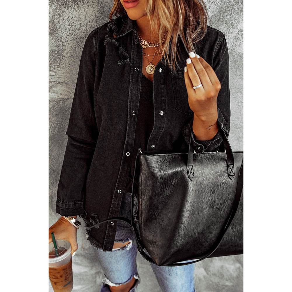 Long Sleeve Jeans Jacket Loose Fit Mid-Length Black - Velora