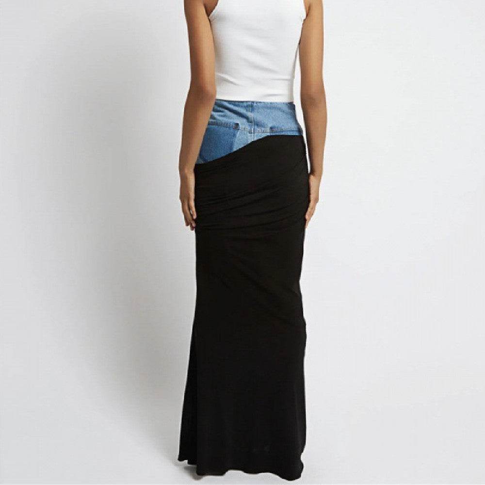 Fashion Black Panel Long Pencil Denim Skirt - Velora