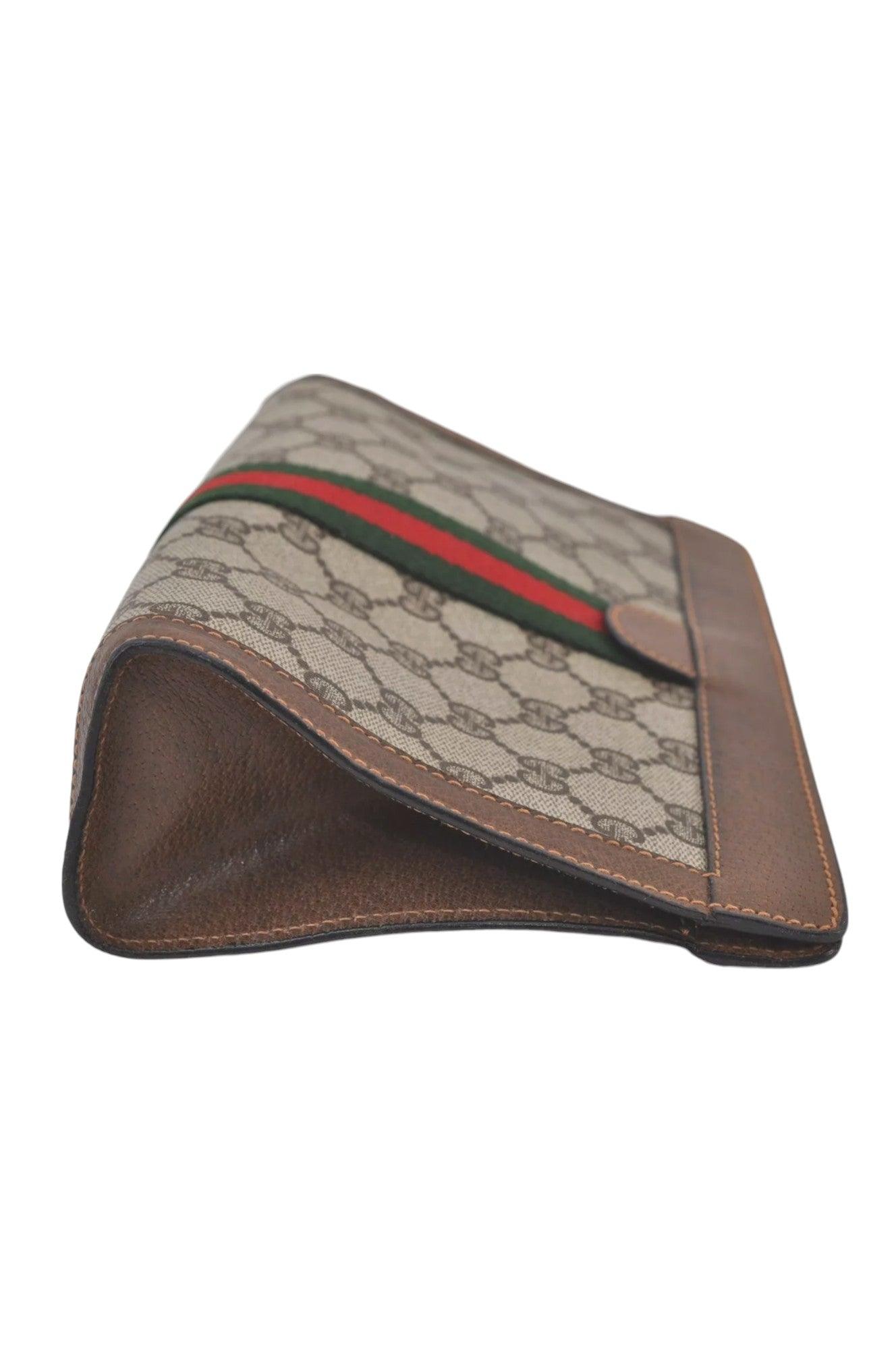 GUCCI Web Sherry Line Clutch Hand Bag Purse GG PVC Leather Brown 8044K - Velora